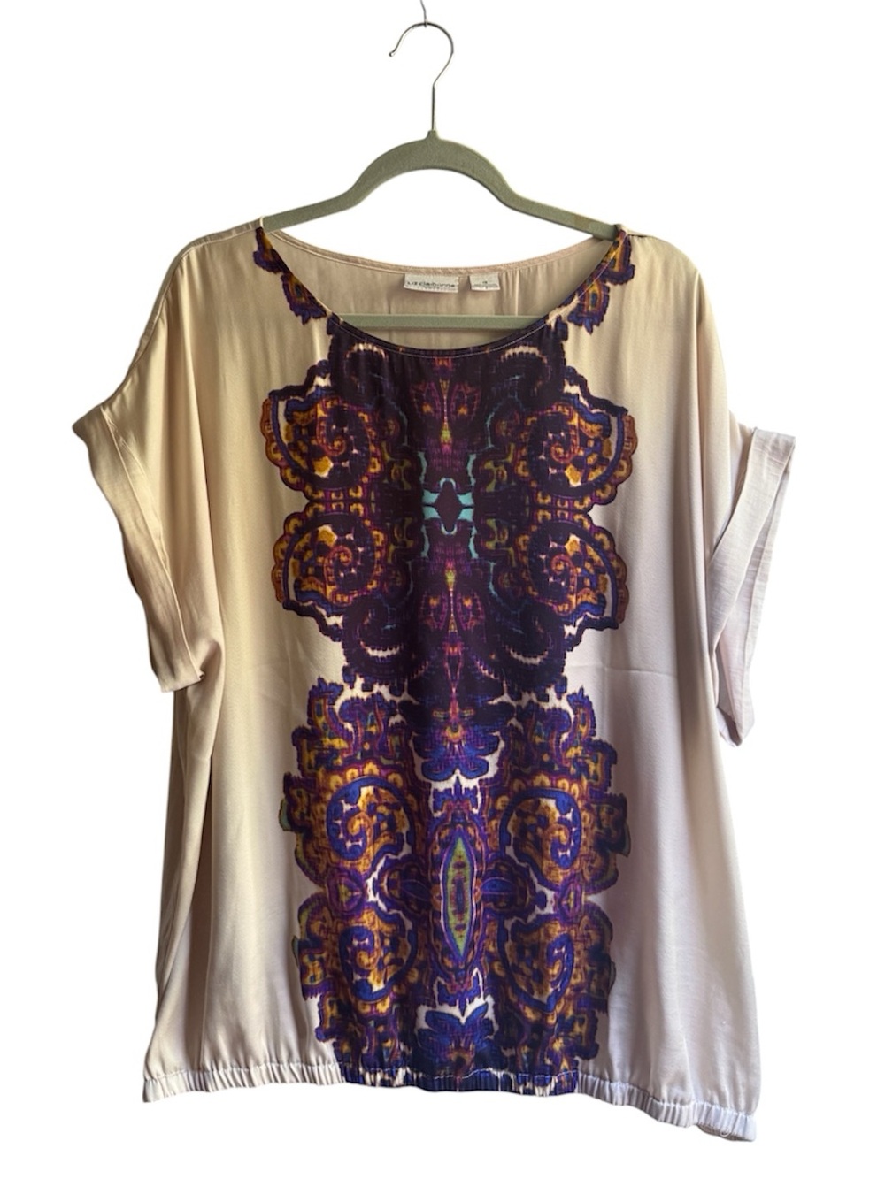 Liz Claiborne Short Sleeve Blouse with Purple & Gold Medallion Print Size 1X